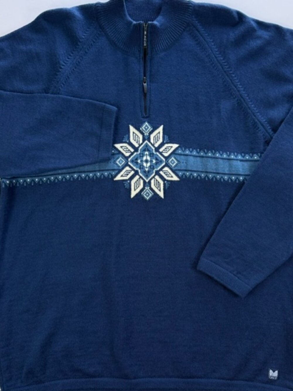 Dale of Norway Wool Nordic Ski Sweater XL Blue Snowflake Fair Isle Knit 1/4 Zip